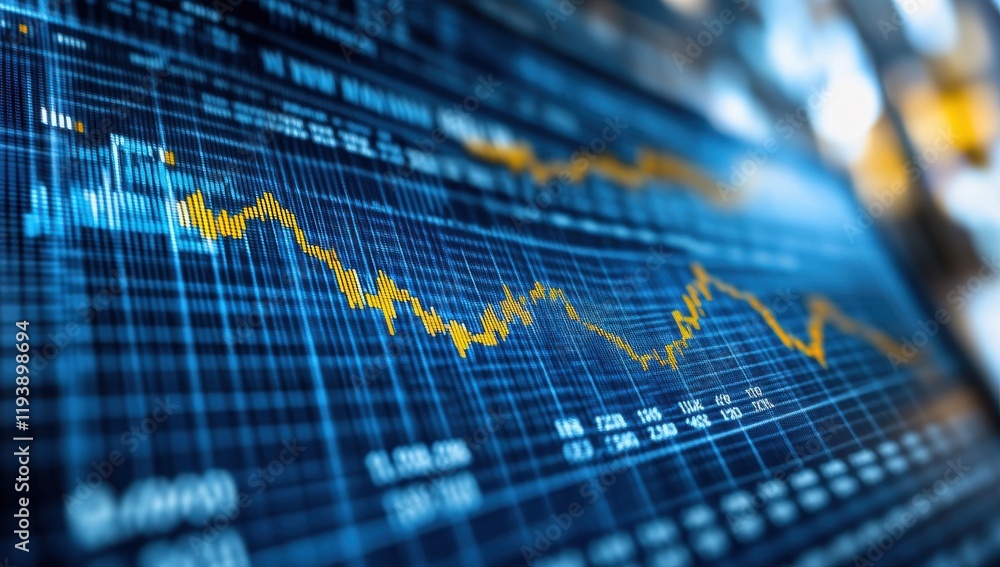 Poster graphical representation of financial market trends with fluctuating lines and bar charts displaying