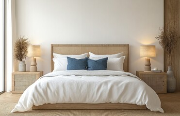 Scandinavian Style Cozy Bedroom Interior with Light Wood Bed and Rattan Headboard