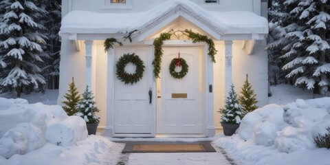 A snowy landscape with a white front door and a Christmas wreath on the entrance, with snow-covered trees in the background , winter scenery, cold weather