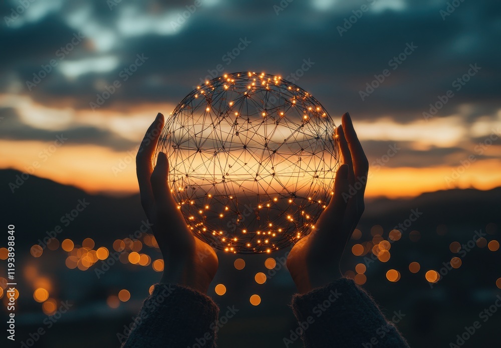 Poster hands holding a glowing sphere of lights during sunset with a beautiful horizon and soft bokeh effec