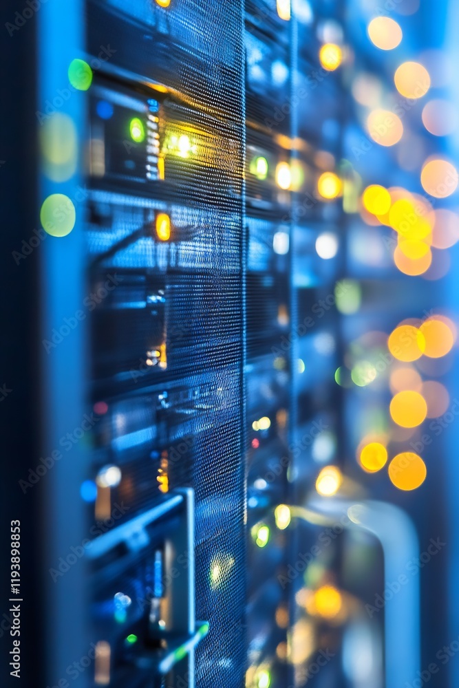 Leinwandbilder Advanced Data Server Rack with Illuminated Networking Indicators in Focus : Generative AI