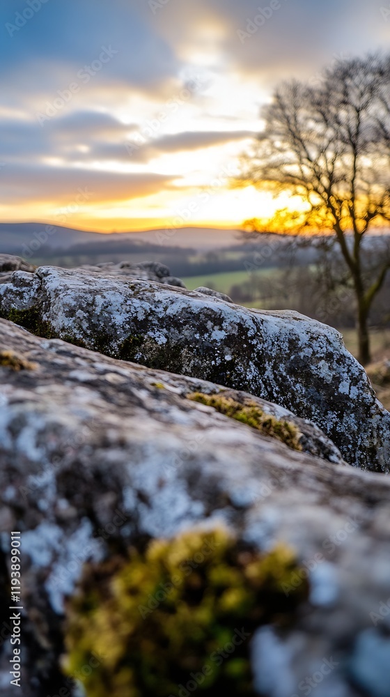 Poster scenic view of rocky terrain at sunset with vibrant sky and distant trees : generative ai