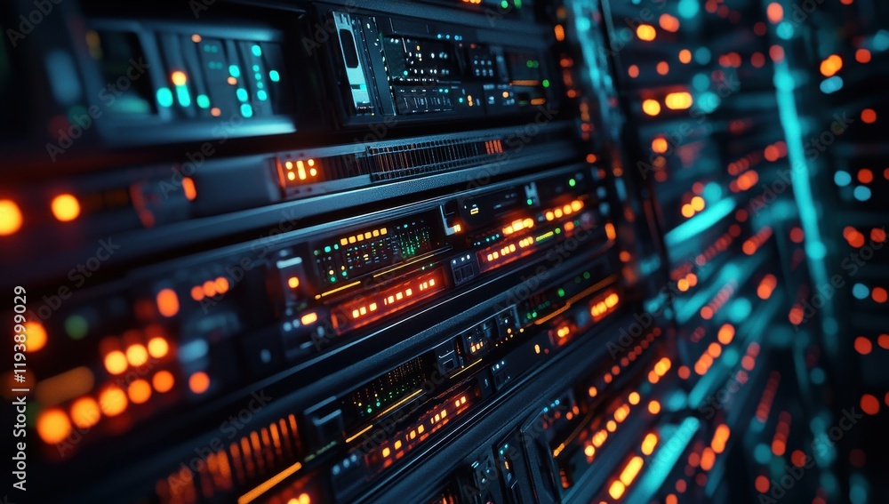 Poster high-tech data center with brightly lit servers and network equipment creating a futuristic feel in 