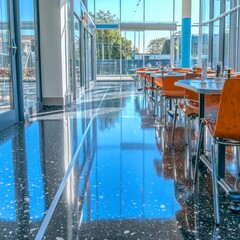 Modern Cafeteria Interior  Shiny Floor  Orange Chairs  Large Windows  Sunny Day