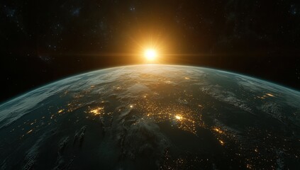 Obraz premium Majestic Sunrise Over Earth from Space, Illuminating Cities and Landscapes with Golden Light, Capturing the Beauty of Our Planet in Stunning Detail