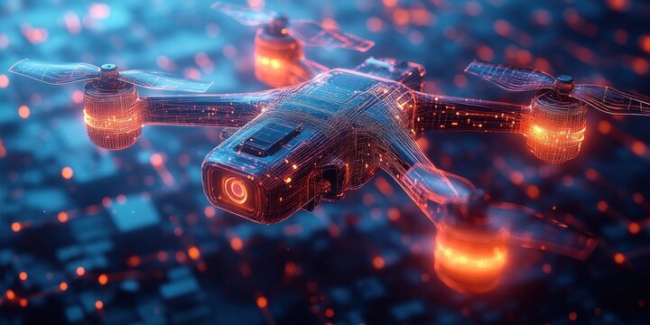 Futuristic Drone Geometric Design in Low Angle Perspective on Deep Blue Background