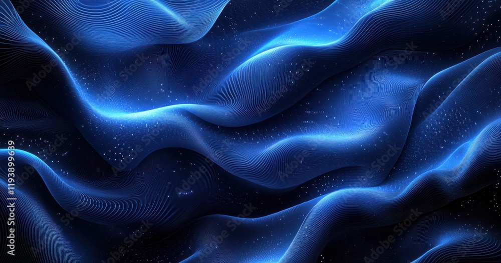 Poster mesmerizing blue waves with dynamic fluid patterns and subtle stars in a deep space background for a