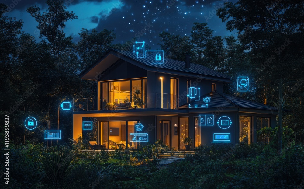 Poster modern smart home surrounded by lush greenery at night with digital security features and a starry s