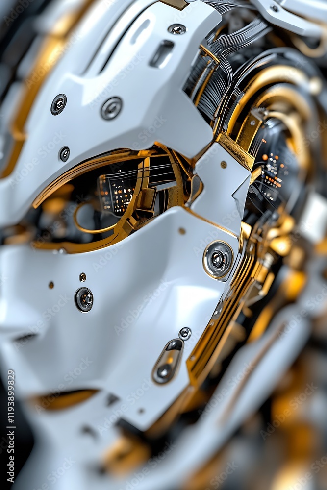 Poster Futuristic Robotic Face with Intricate Mechanical Details and Glowing Technological Interfaces : Generative AI