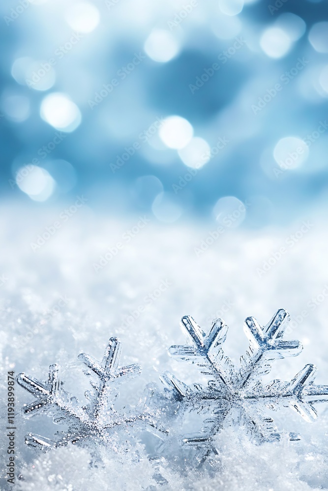 Aufkleber closeup of delicate sparkling snowflakes on blurred winter background : generative ai
