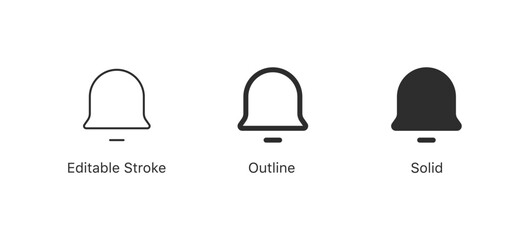 notification bell vector icon in three styles: editable stroke, outline, and solid - alerts, reminders, and communication for user interfaces, app design, and web design. minimal vector illustration