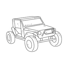 Off-Road Beast: A Minimalist Line Drawing Vector Design Capturing the Raw Power and Rugged Engineering of a off-road vehicle, Featuring Aggressive Suspension Lift, Oversized All-Terrain Tires. 