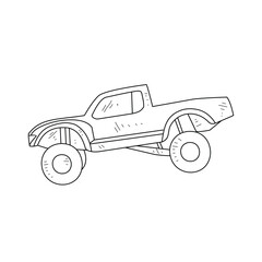 Off-Road Beast: A Minimalist Line Drawing Vector Design Capturing the Raw Power and Rugged Engineering of a off-road vehicle, Featuring Aggressive Suspension Lift, Oversized All-Terrain Tires. 