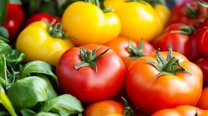 Fototapeta premium Colorful Array of Fresh Tomatoes including Red and Yellow Varieties with Green Leaves : Generative AI