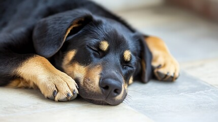 Fototapeta premium Cute Puppy Sleeping Peacefully on Tiled Floor in Cozy Home Environment : Generative AI
