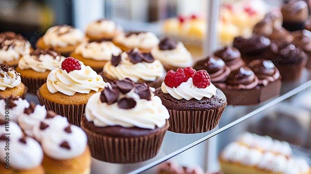Poster assorted fresh cupcakes on display with chocolate and berry toppings in a bakery : generative ai
