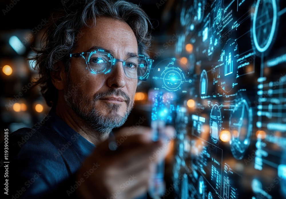 Poster professional man with glasses analyzing digital data through interactive interface, showcasing moder