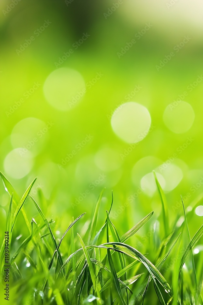 Poster fresh green grass with morning dew and sunlight bokeh effect vibrantly illuminated : generative ai