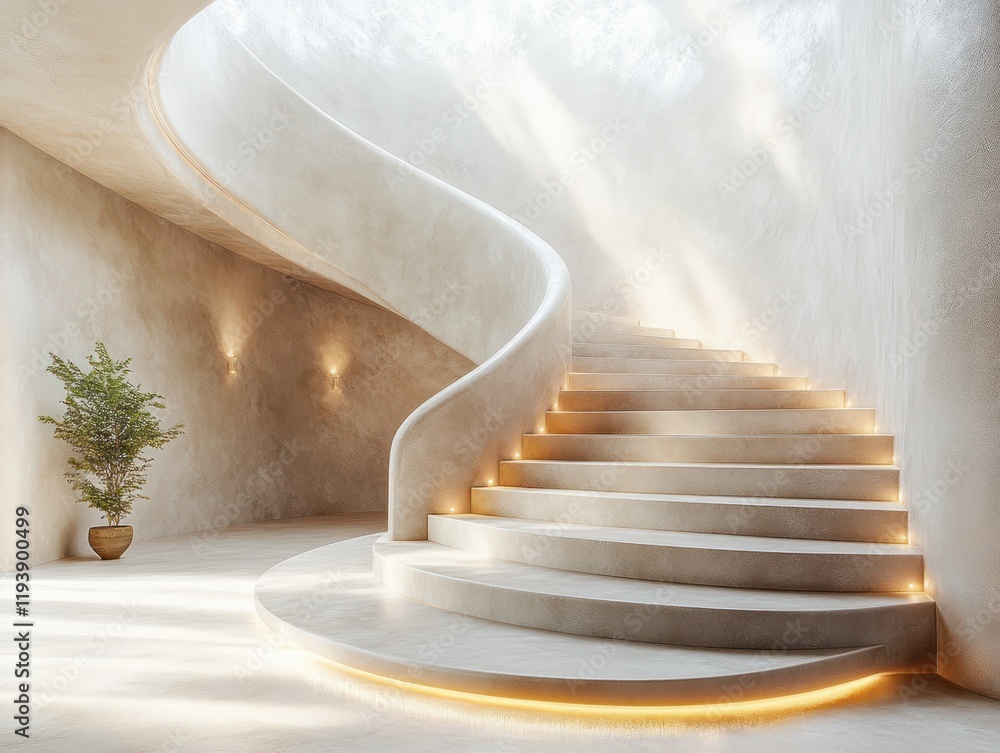 Poster curved minimalist staircase with round platform and soft lighting