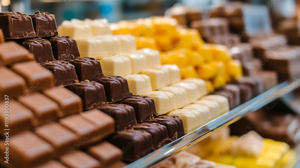 Poster variety of assorted chocolate blocks in dark milk and white colors in a candy shop display : generat