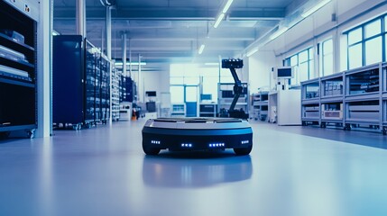 A robot conducting automated maintenance in a modern telecommunications facility with clean, organized maintenance stations and advanced telecommunications equipment, Telecommunications tech style
