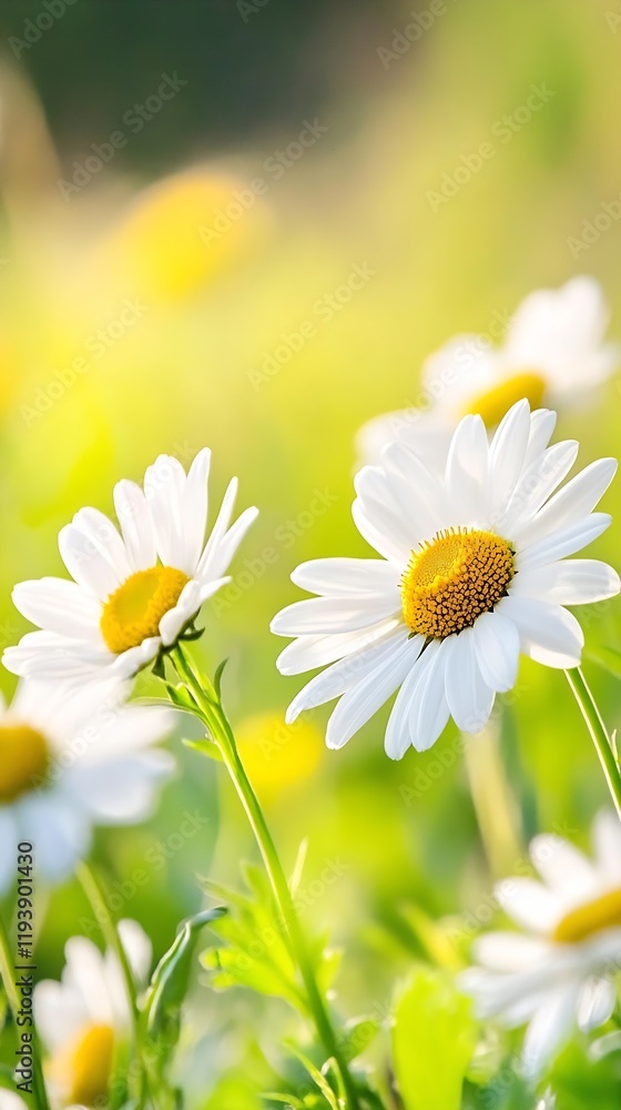 Poster close-up of summer daisies blooming in a vibrant green meadow with soft sunlight : generative ai