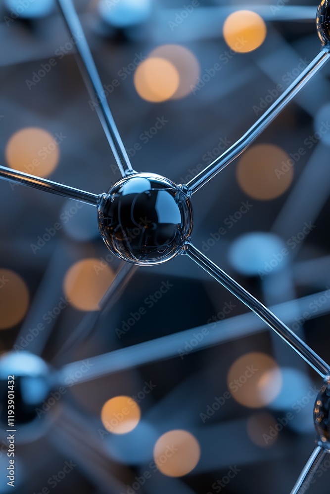 Poster Blue and Orange Network Structure with Connected Spheres and Illuminated Background : Generative AI