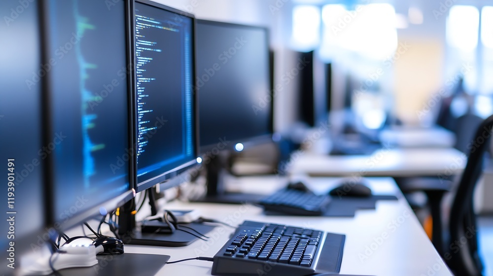 Aufkleber Modern office with multiple computer monitors displaying coding on sleek desks : Generative AI