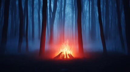 Naklejka premium Mystical Campfire Glowing in Foggy Forest at Night