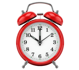 red alarm clock with black pointers, waking up, time, alarming color PNG white background isolated graphic resource with shadow and aura