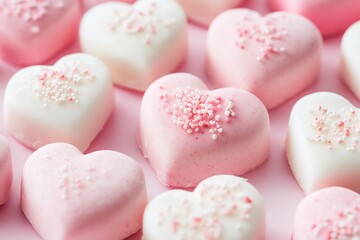 Obraz premium Sweet Pink and White Heart Shaped Candies with Sugar Sprinkles for Romantic Celebrations : Generative AI