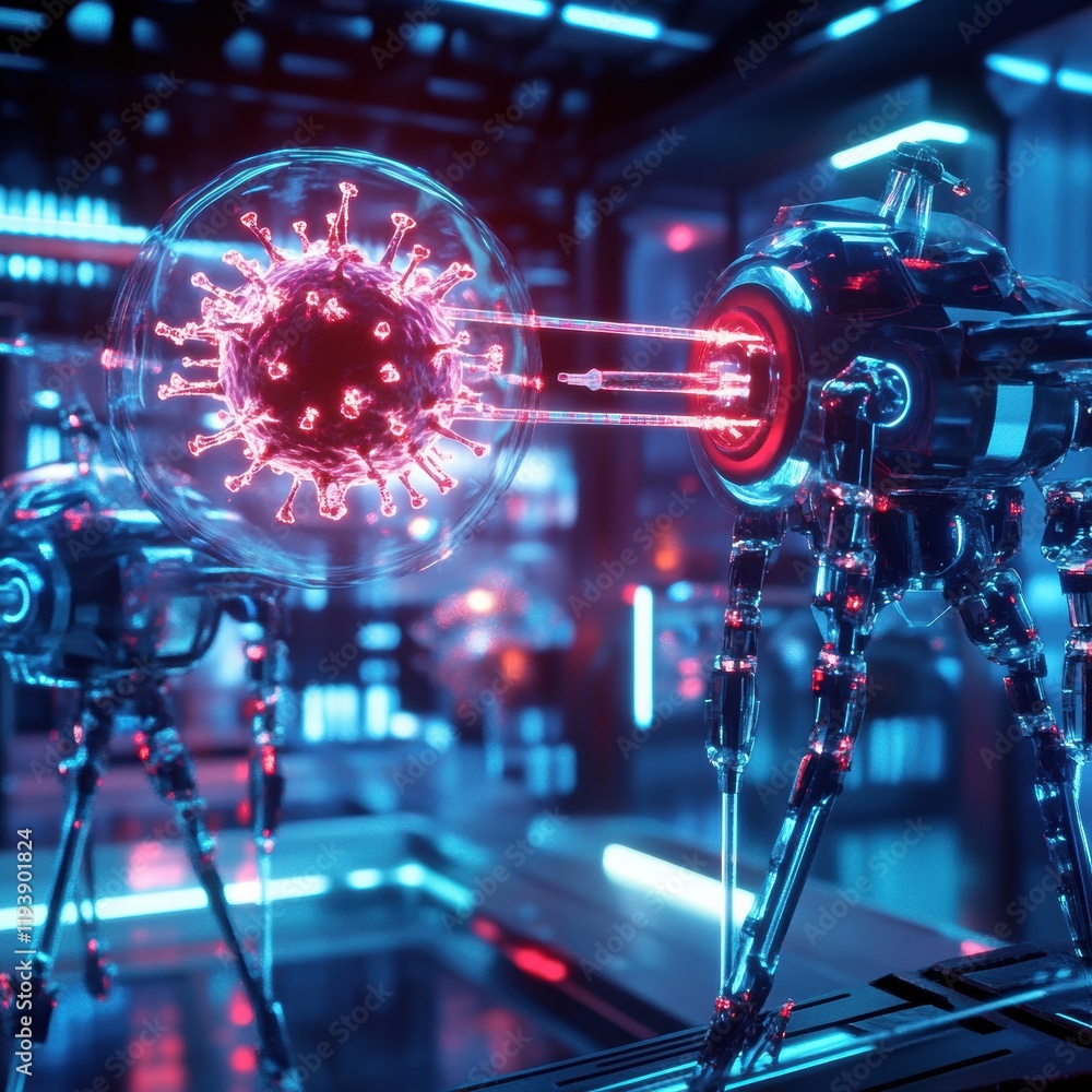 Poster robots actively neutralizing viruses in a futuristic laboratory environment. generative ai