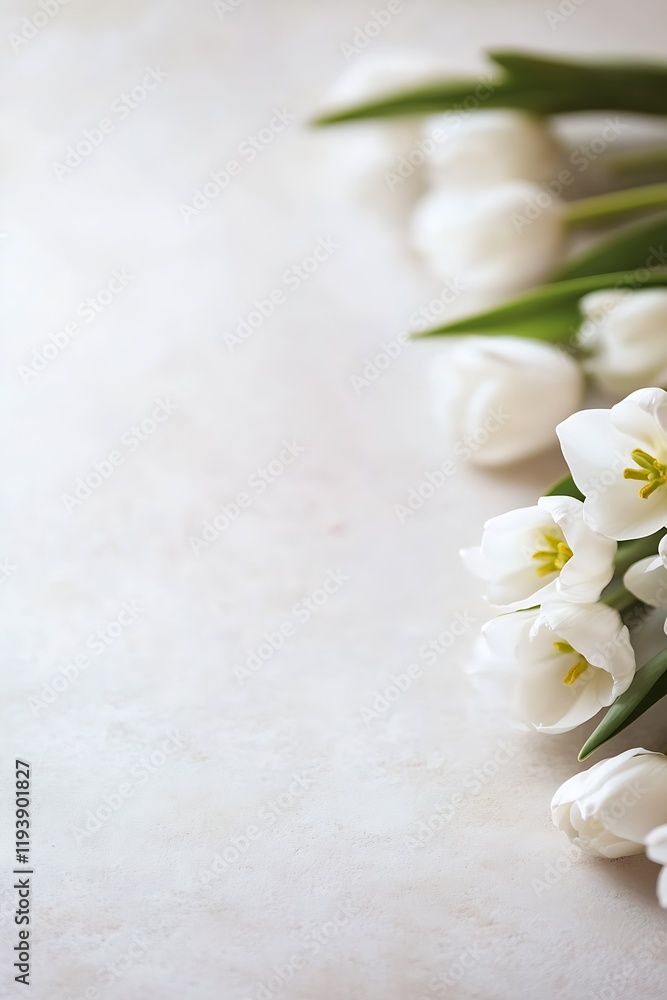 Poster minimalist white tulips arranged on neutral textured surface : generative ai