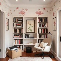 Serene Reading Nook With Floral Decor And Bookshelves