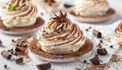 Delicious meringue dessert topped with whipped cream, cocoa powder, chocolate, and a star anise on a white plate.