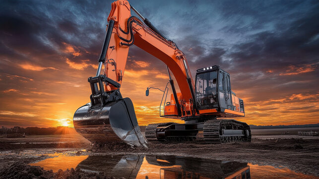 A powerful excavator working at sunset, showcasing its digging capabilities.