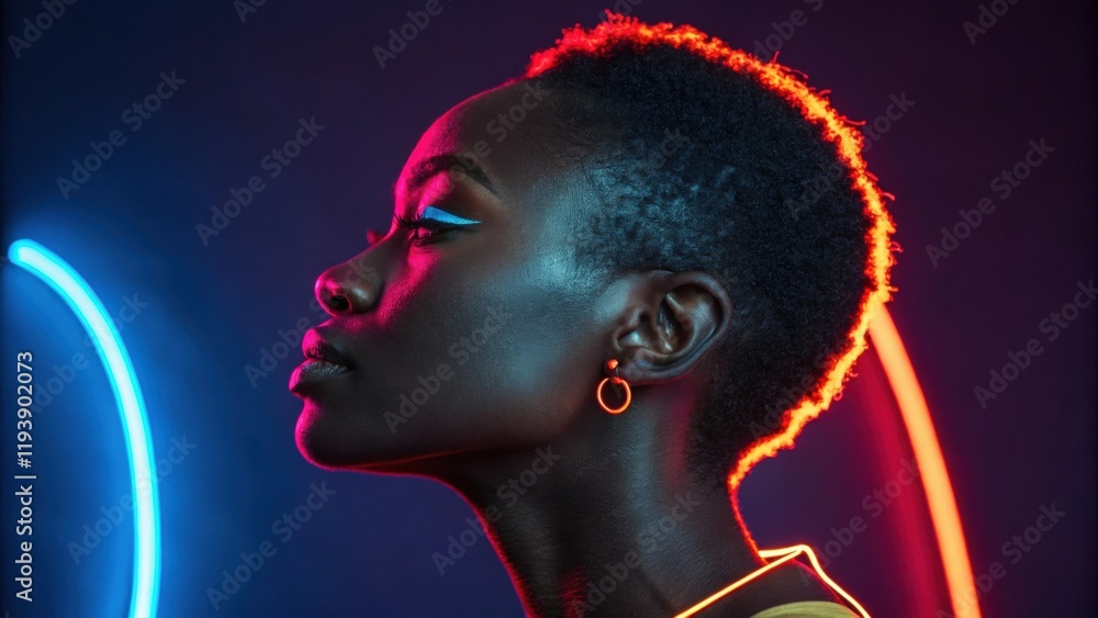 Poster a profile portrait where the neon light dances along the edges of the face highlighting the distinct