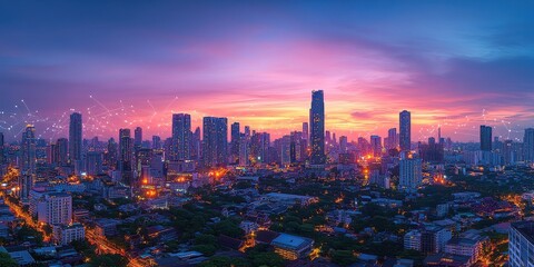 Obraz premium Stunning Aerial View of a Modern City Skyline at Sunset with Vibrant Colors and Illuminated Buildings against a Dramatic Cloudy Sky