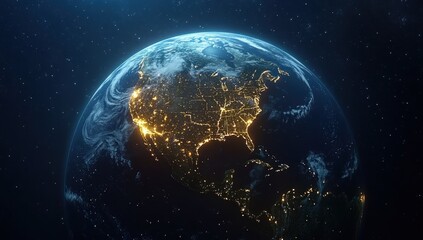 Stunning Aerial View of the Earth at Night Illustrating City Lights and Natural Features in a Beautiful Cosmic Setting