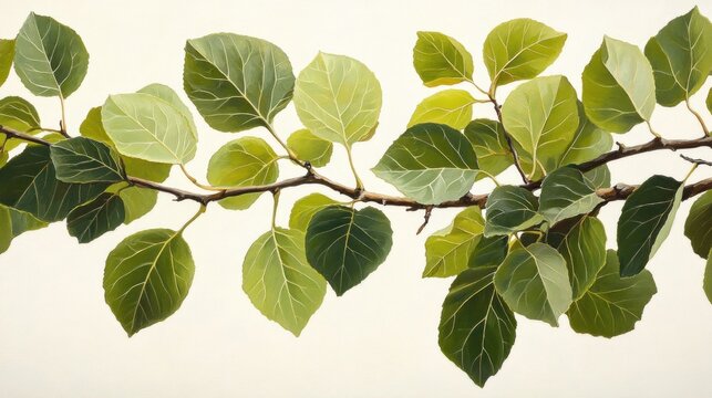 Green aspen branch with leaves on light background.