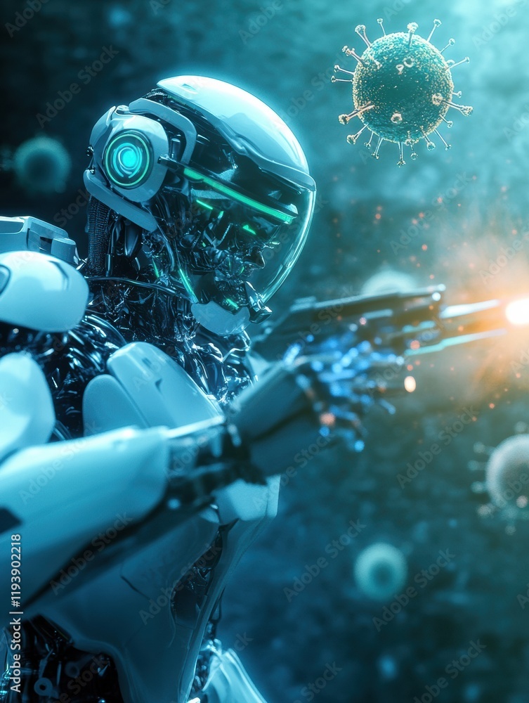 Poster robots actively engaging with and neutralizing harmful viruses in a futuristic environment. generati