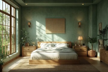 Cozy Scandinavian Bedroom Interior in Mint Green and Beige
