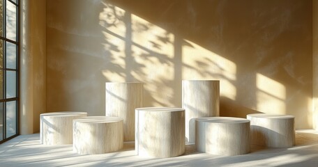 Minimalist Still Life Composition of White Pedestals with Natural Light and Gentle Shadows