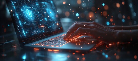 Futuristic Digital Workspace with Holographic Icons and Innovative Technology