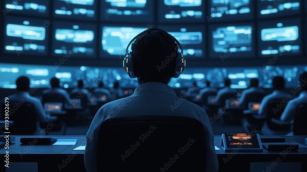 Aufkleber monitoring room with operators engaged in high-tech surveillance