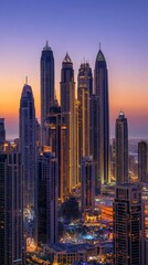 Naklejka premium tall buildings illuminated at sunset next to a lake in Dubai with copy space vertically 9:16