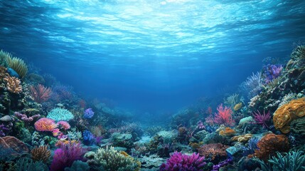 Fototapeta premium Vibrant Underwater Coral Reef Scene with Clear Blue Water