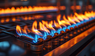 Restaurant kitchen gas stovetop flames