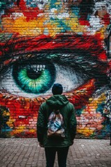 Obraz premium Man Contemplating Vibrant Large Eye Mural Painted On Brick Wall, Street Art And Urban Exploration