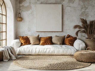 Minimalist Scandinavian Living Room with White Sofa and Cozy Decor Mockup